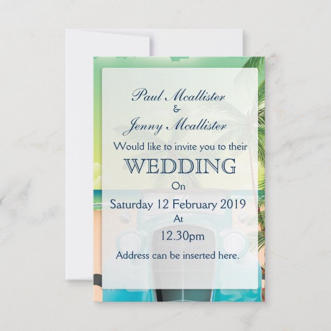 Vintage seafoam green car wedding Invite (Front)