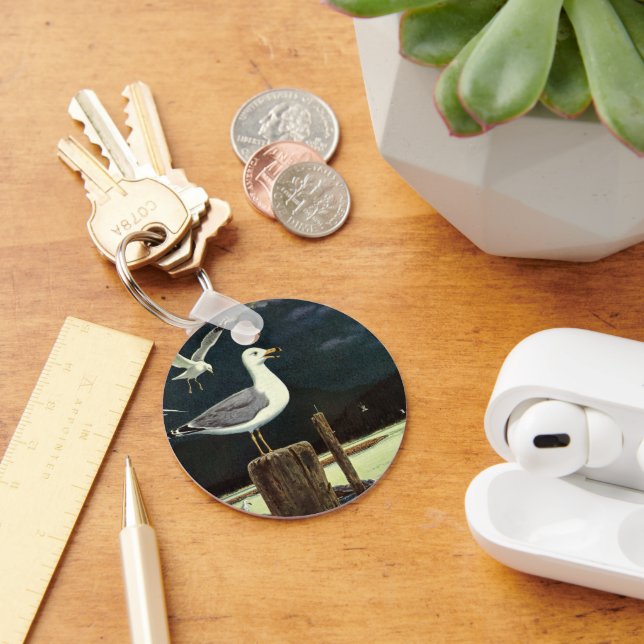 Vintage Seagull Perched Pier, Marine Birds Animals Keychain (Desk)