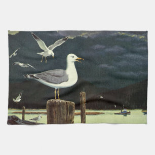 Vintage Seagull Perched Pier, Marine Birds Animals Kitchen Towel