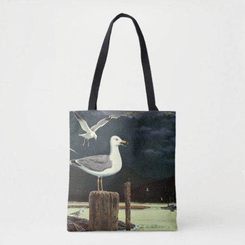 Vintage Seagull Perched Pier Marine Birds Animals Tote Bag