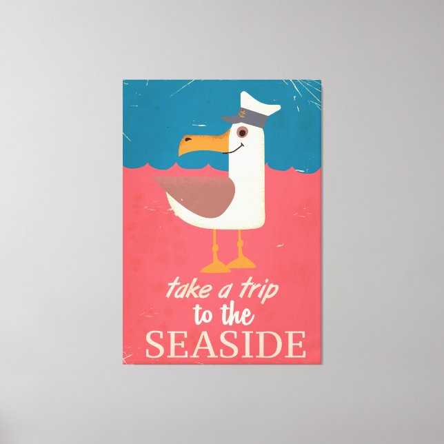 Vintage seagull seaside travel poster. canvas print (Front)
