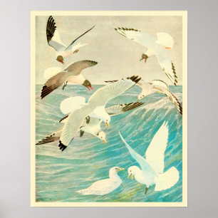 Vintage Seagulls and Ocean Waves Poster
