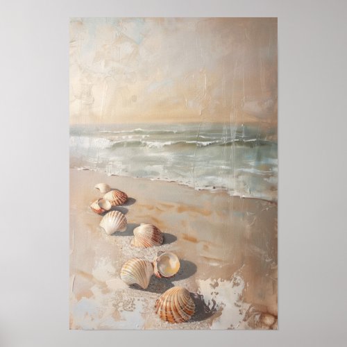 Vintage Seahells in Coastal Landscape Painting Poster