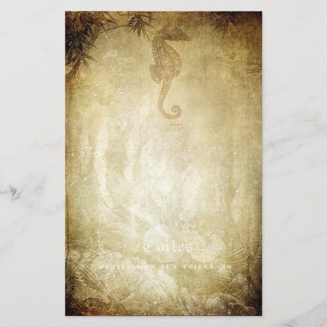 Vintage seahorse and bamboo sepia stationery (Front)