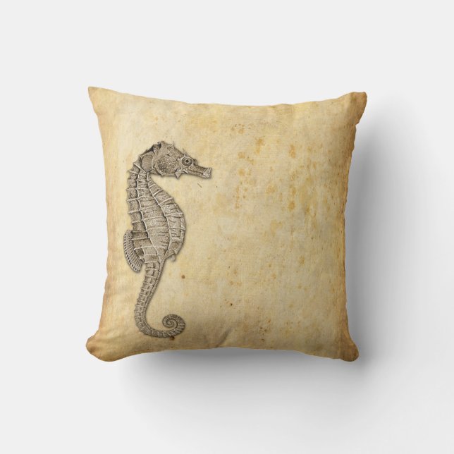 Vintage Seahorse Illustration Throw Pillow (Front)