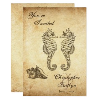 Vintage Seahorses and Conch Shell Beach Wedding Invitation