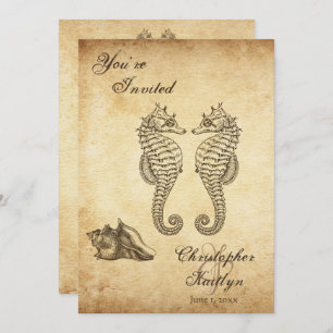 Vintage Seahorses and Conch Shell Beach Wedding Invitation
