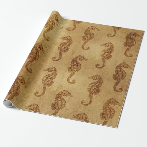 Vintage Seahorses on Distressed Brown Wrapping Paper