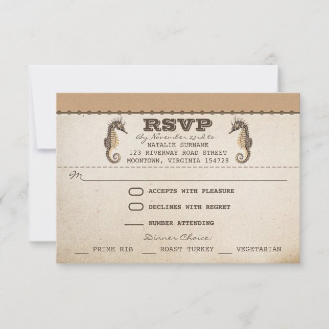 vintage seahorses unique wedding rsvp tickets (Front)