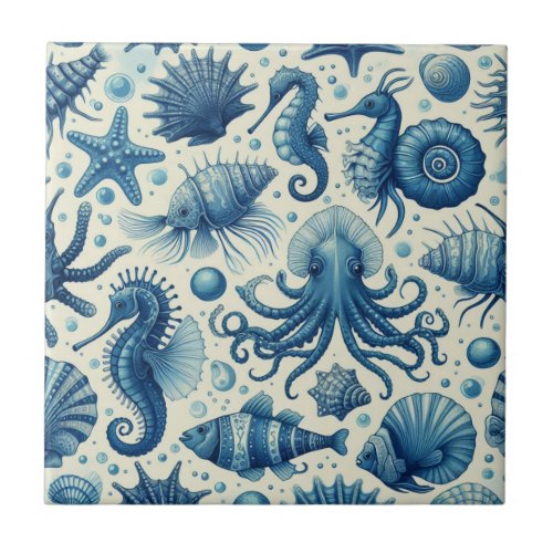 Vintage Sealife Animals Pattern Ceramic Tile