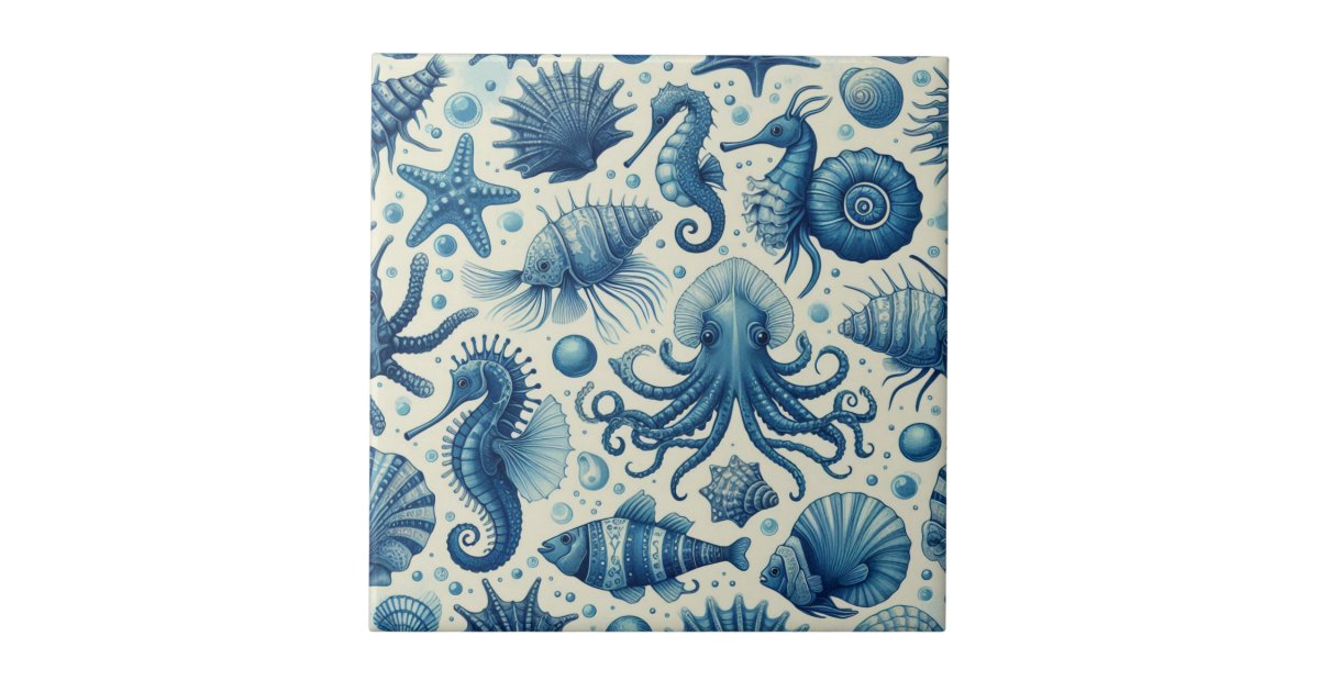 Vintage Sealife Animals Pattern Ceramic Tile | Zazzle