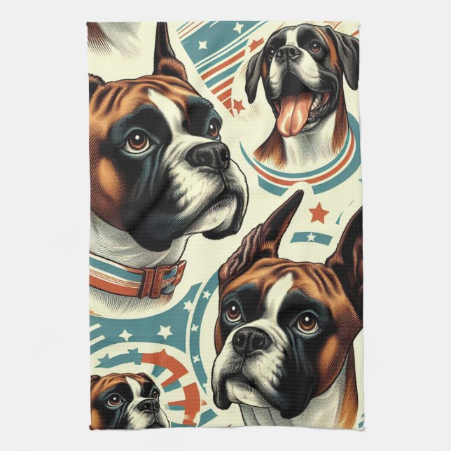 Vintage Seamless Boxer Dog Illustration Kitchen Towel (Vertical)