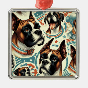 Vintage Seamless Boxer Dog Illustration Metal Ornament