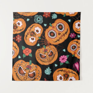 vintage seamless pattern for Halloween. Pumpkin, f Tapestry