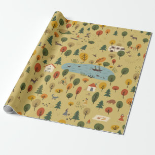 vintage seamless pattern of autumn forest landscap wrapping paper