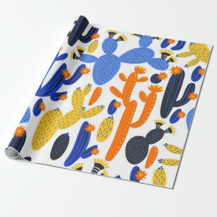 vintage seamless pattern with cactus on black and  wrapping paper