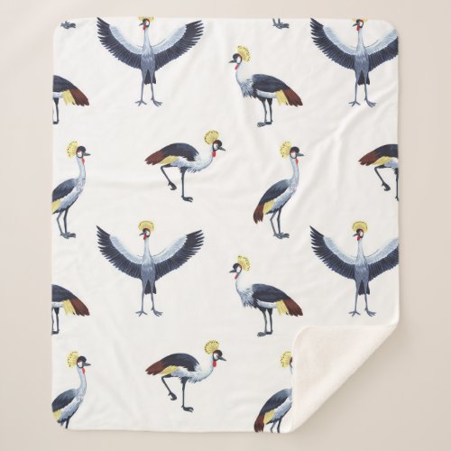 Vintage seamless pattern with crowned crane birds sherpa blanket