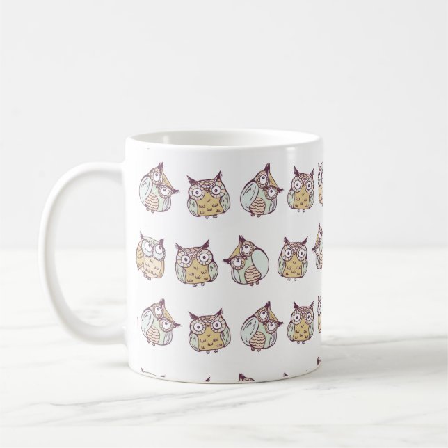 vintage seamless pattern with cute owls coffee mug (Left)