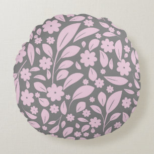 Vintage seamless pattern with pink flowers and lea round pillow
