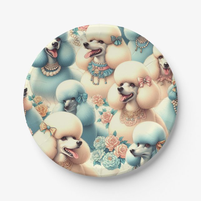 Vintage Seamless Poodle Illustration Paper Plates (Front)