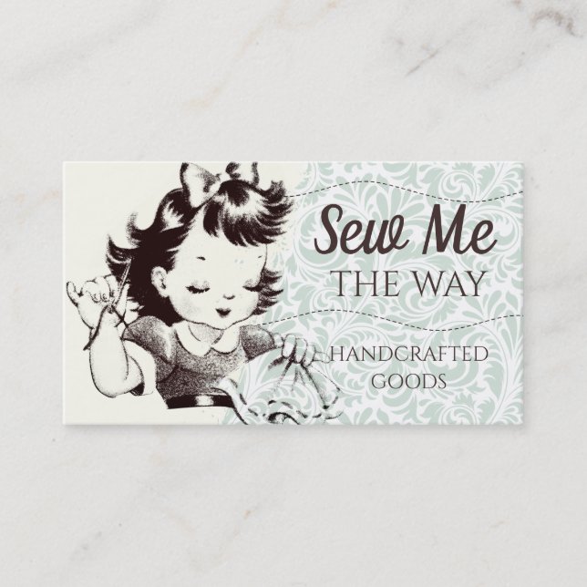 Vintage seamstress sewing girl embroidery business card (Front)