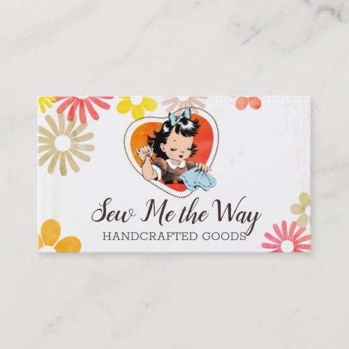 Vintage seamstress sewing girl embroidery business card
