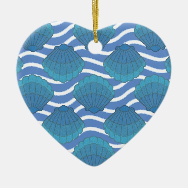 Vintage Seashell And Waves Pattern Ceramic Ornament (Front)