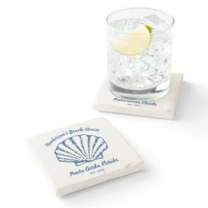 Vintage Seashell Beach House Family Name Custom Stone Coaster