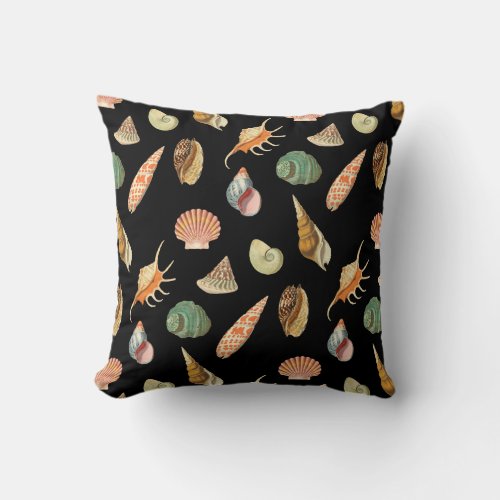 Vintage Seashell Black Throw Pillow