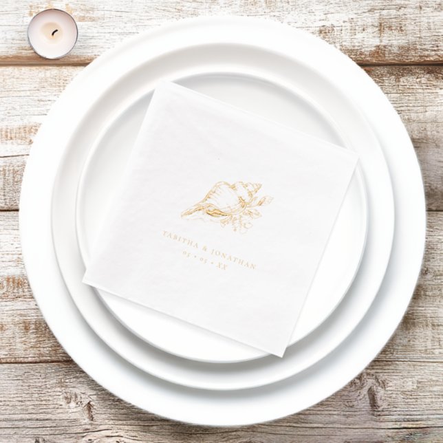 Vintage Seashell Coastal Wedding Foil Napkins (Insitu)