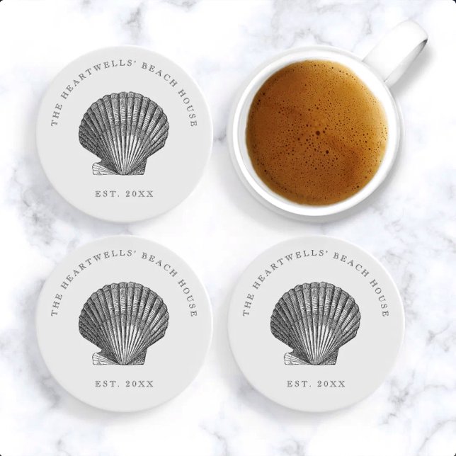 Vintage Seashell Illustration Name Beach House Coaster (Creator Uploaded)