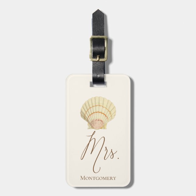 Vintage Seashell Mrs Name Honeymoon Luggage Tag (Front Vertical)
