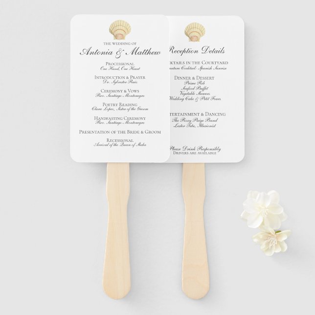 Vintage Seashell Wedding Program Menu Combination Hand Fan (Front and Back)
