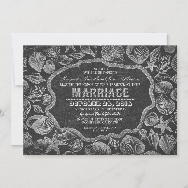 vintage seashells black beach wedding invites (Front)