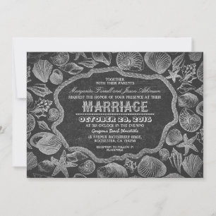 vintage seashells black beach wedding invites