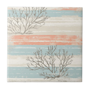 Vintage Seashells on Faded Blue Coastal Stripes Ceramic Tile