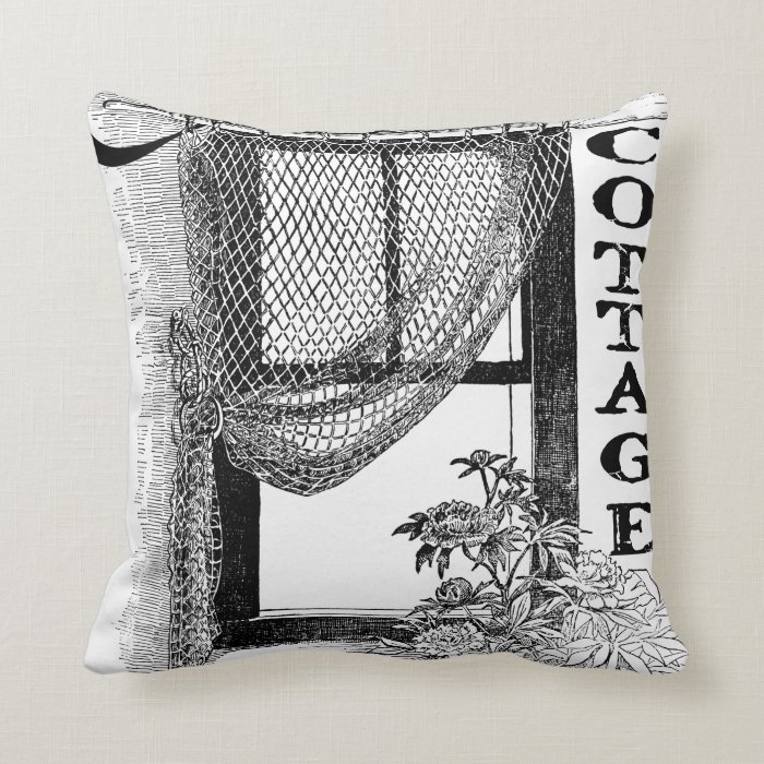 vintage seaside cottage window pillow black,white