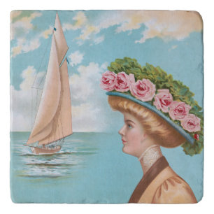 Vintage Seaside Lady Pink Rose Hat Sailboat Art Trivet