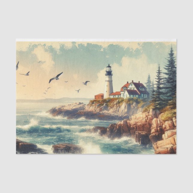 Vintage Seaside Lighthouse & Rocky Coast  Tissue Paper (Front)