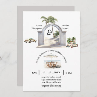 Vintage Seaside Palm Tree Boho Beach Wedding Invitation