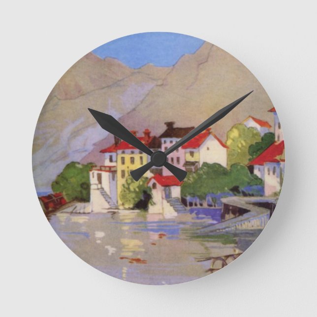 Vintage Seaside Village Italy Tourism Round Clock (Front)