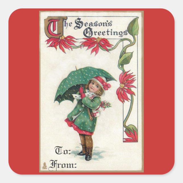 Vintage Season's Greetings Girl Square Sticker (Front)