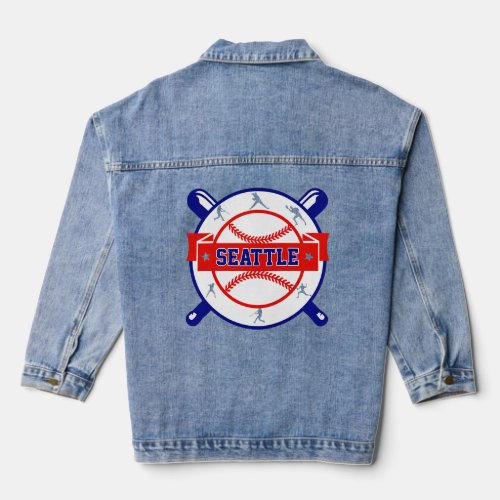 Vintage Seattle Cityscape Baseball  For Men Women  Denim Jacket