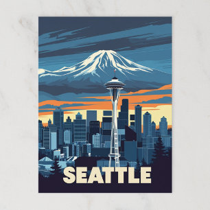 Vintage Seattle Skyline and Mount Rainier Postcard