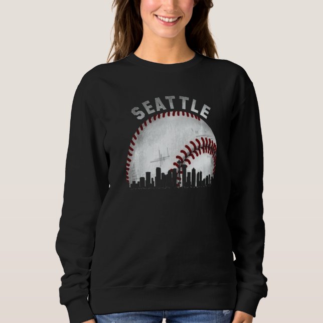 Vintage Seattle Skyline City Baseball   Sweatshirt (Front)