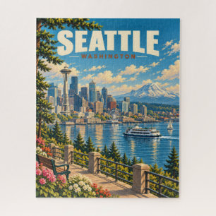 Vintage Seattle Skyline Mount Rainier Jigsaw Puzzle