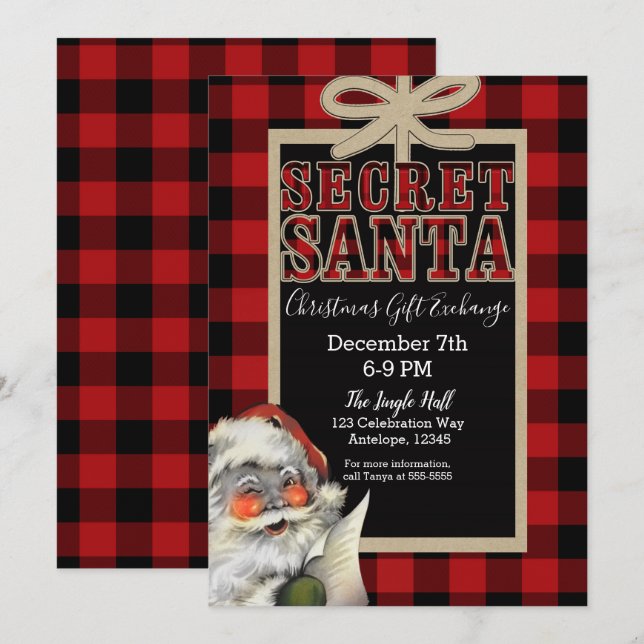 Vintage Secret Santa Red Plaid Christmas Holiday Invitation (Front/Back)