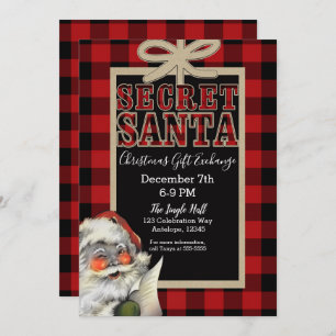 Vintage Secret Santa Red Plaid Christmas Holiday Invitation