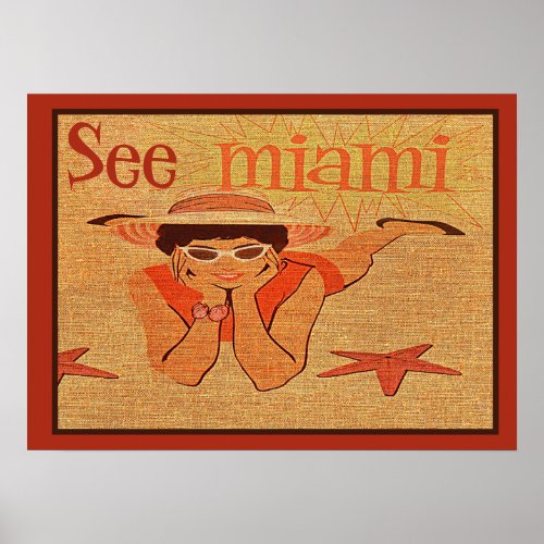 Vintage See Miami Sunbathing Girl Retro Travel  Poster