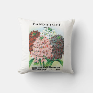 Vintage Seed Packet Art, Candytuft Garden Flowers Throw Pillow